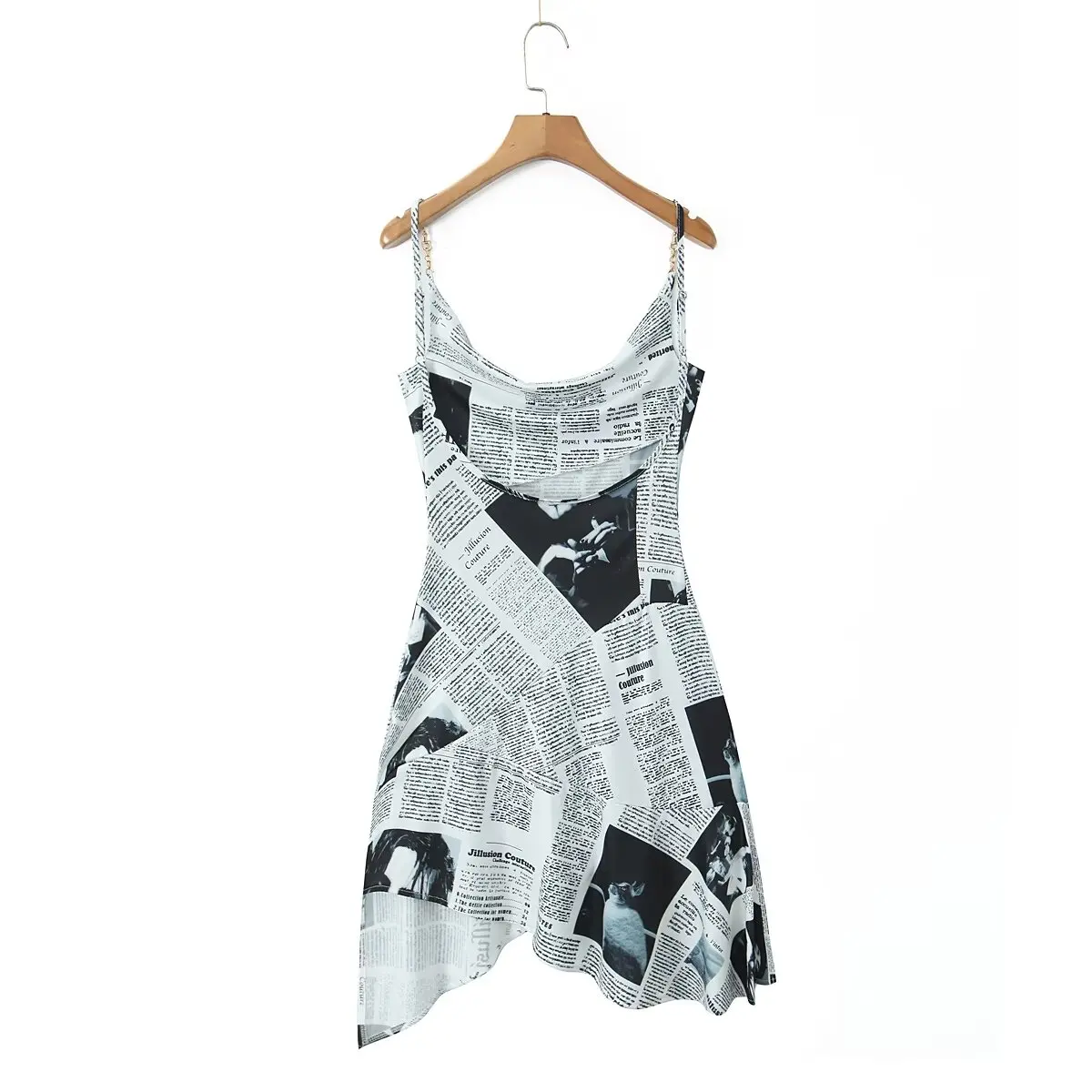 2025 Women Newspaper Letter Print Irregular Hem Sexy Dresses Thin Straps With Chain Backless  Summer Short Dress