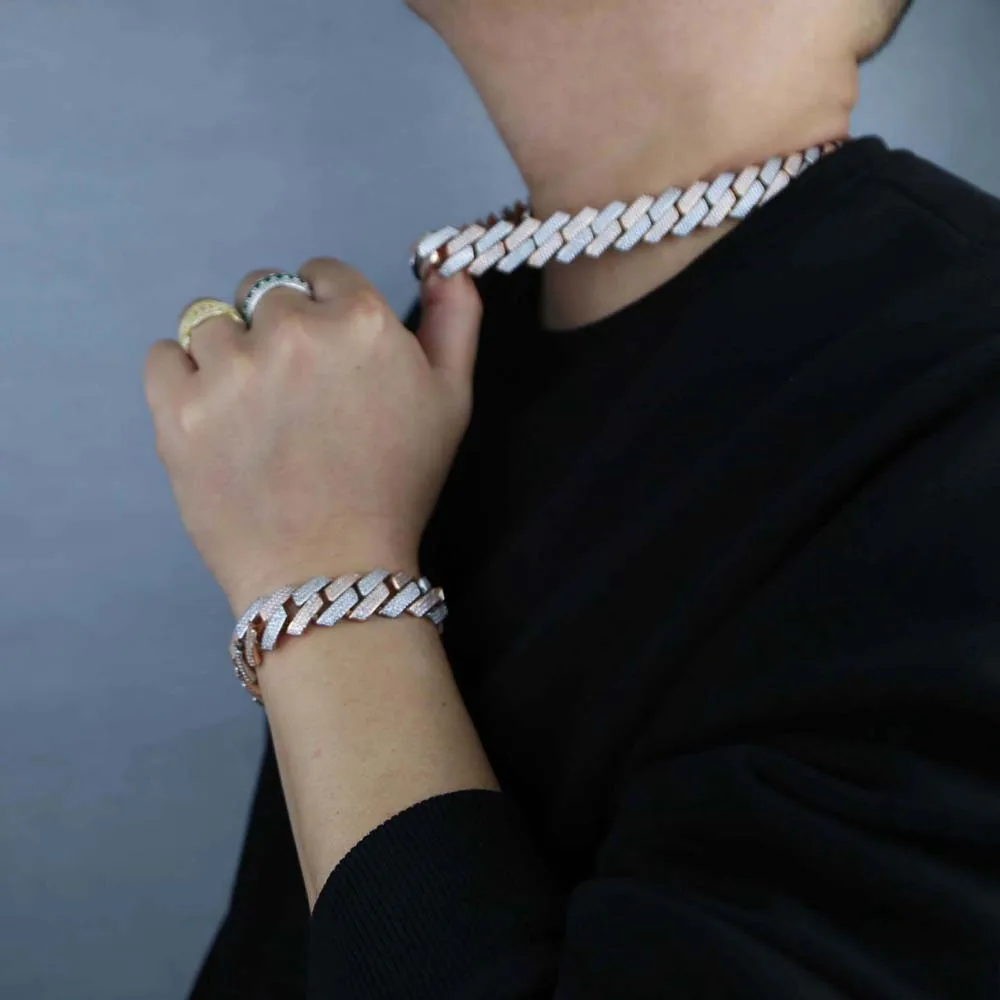 New Iced Out Bling 19mm Cuban Chain Necklace Two Tone Color Rectangle CZ Cubic Zirconia Miami Necklaces Men Hip Hop Jewelry