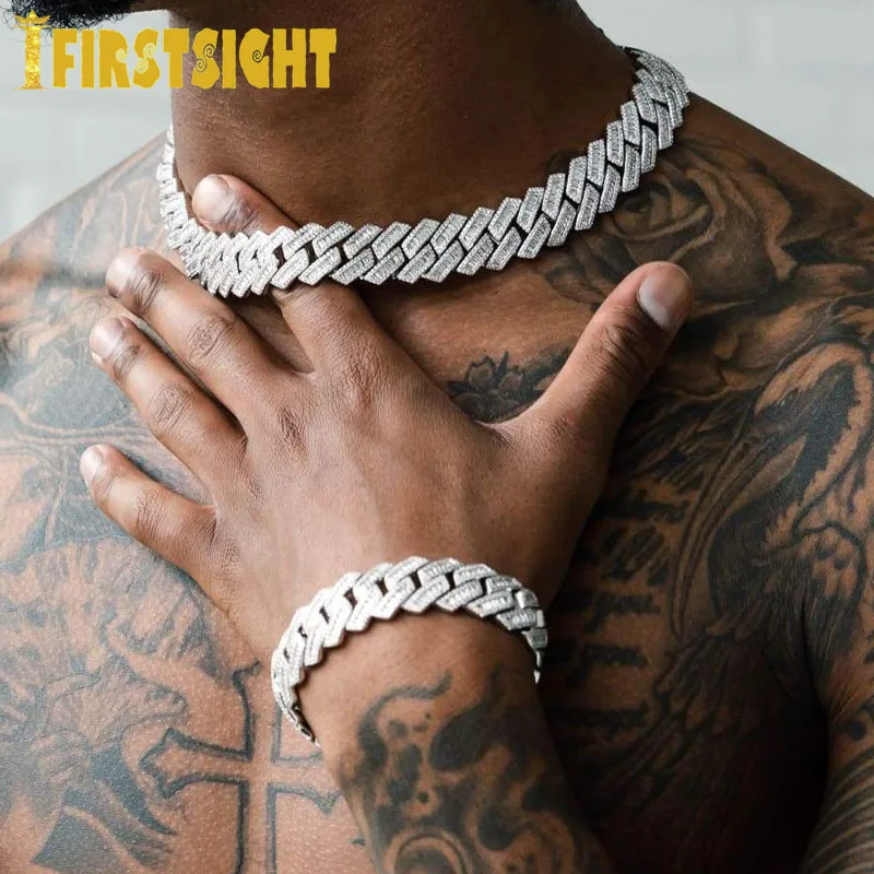 New Iced Out Bling 19mm Cuban Chain Necklace Two Tone Color Rectangle CZ Cubic Zirconia Miami Necklaces Men Hip Hop Jewelry