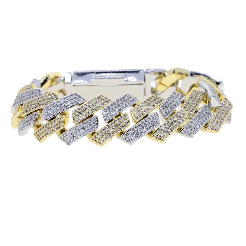 New Iced Out Bling 19mm Cuban Chain Necklace Two Tone Color Rectangle CZ Cubic Zirconia Miami Necklaces Men Hip Hop Jewelry