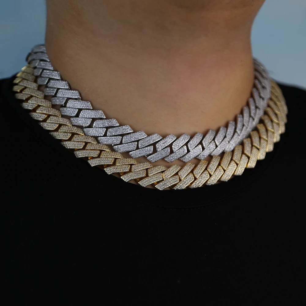 New Iced Out Bling 19mm Cuban Chain Necklace Two Tone Color Rectangle CZ Cubic Zirconia Miami Necklaces Men Hip Hop Jewelry