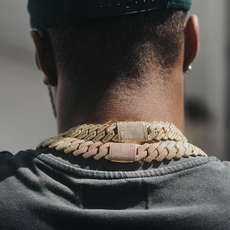 New Iced Out Bling 19mm Cuban Chain Necklace Two Tone Color Rectangle CZ Cubic Zirconia Miami Necklaces Men Hip Hop Jewelry