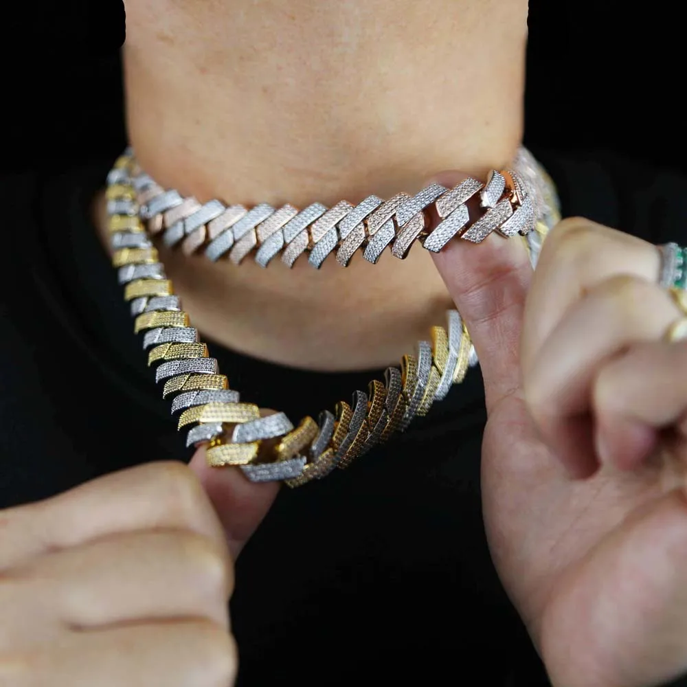 New Iced Out Bling 19mm Cuban Chain Necklace Two Tone Color Rectangle CZ Cubic Zirconia Miami Necklaces Men Hip Hop Jewelry