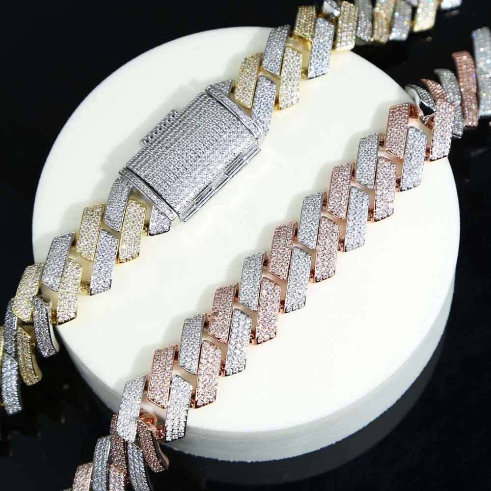 New Iced Out Bling 19mm Cuban Chain Necklace Two Tone Color Rectangle CZ Cubic Zirconia Miami Necklaces Men Hip Hop Jewelry
