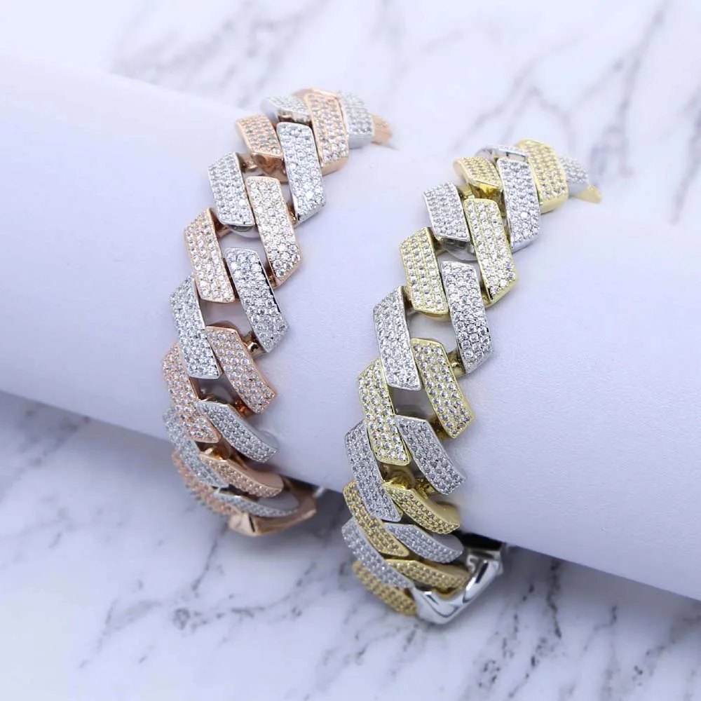 New Iced Out Bling 19mm Cuban Chain Necklace Two Tone Color Rectangle CZ Cubic Zirconia Miami Necklaces Men Hip Hop Jewelry