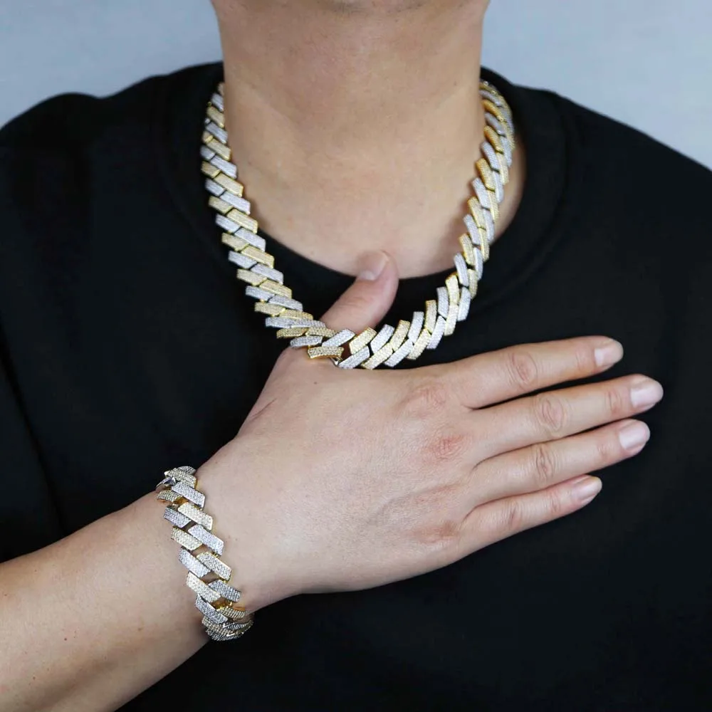 New Iced Out Bling 19mm Cuban Chain Necklace Two Tone Color Rectangle CZ Cubic Zirconia Miami Necklaces Men Hip Hop Jewelry