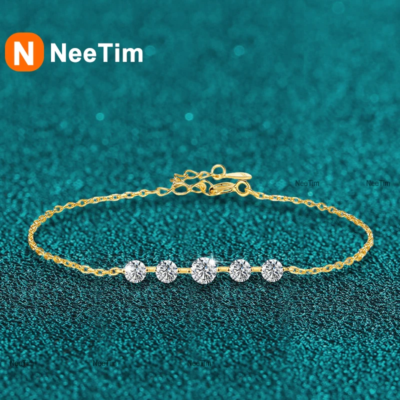 NeeTim Full Moissanite Bracelets for Women S925 Sterling Silver Lab Diamond Plated Gold Bracelet Wedding Birthday Party Jewelry