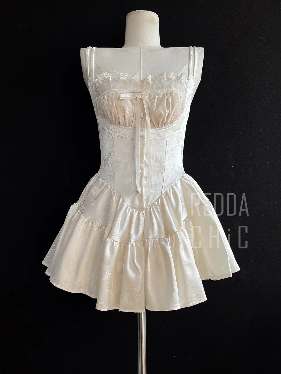 REDDACHiC Medieval Retro Satin Mini Dress & Lace Shorts Coquette Floral Corset Camisole Rompers Date Party Summer Women Clothes