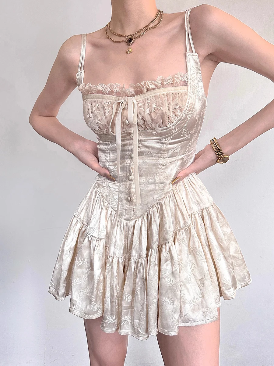 REDDACHiC Medieval Retro Satin Mini Dress & Lace Shorts Coquette Floral Corset Camisole Rompers Date Party Summer Women Clothes
