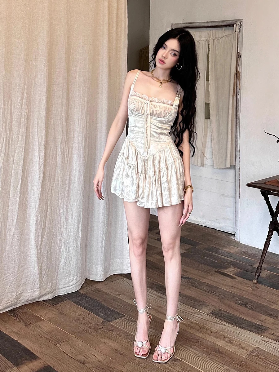 REDDACHiC Medieval Retro Satin Mini Dress & Lace Shorts Coquette Floral Corset Camisole Rompers Date Party Summer Women Clothes