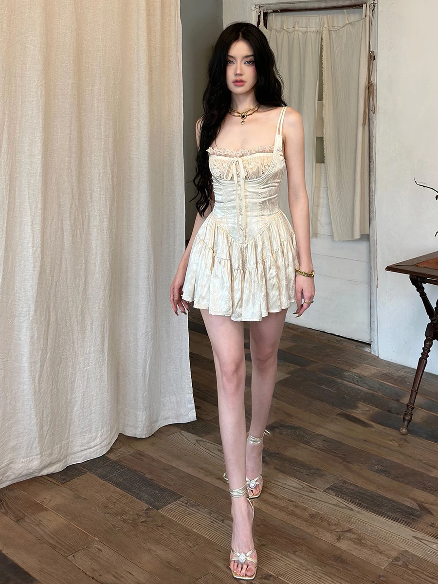 REDDACHiC Medieval Retro Satin Mini Dress & Lace Shorts Coquette Floral Corset Camisole Rompers Date Party Summer Women Clothes
