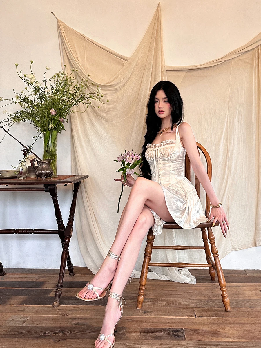 REDDACHiC Medieval Retro Satin Mini Dress & Lace Shorts Coquette Floral Corset Camisole Rompers Date Party Summer Women Clothes