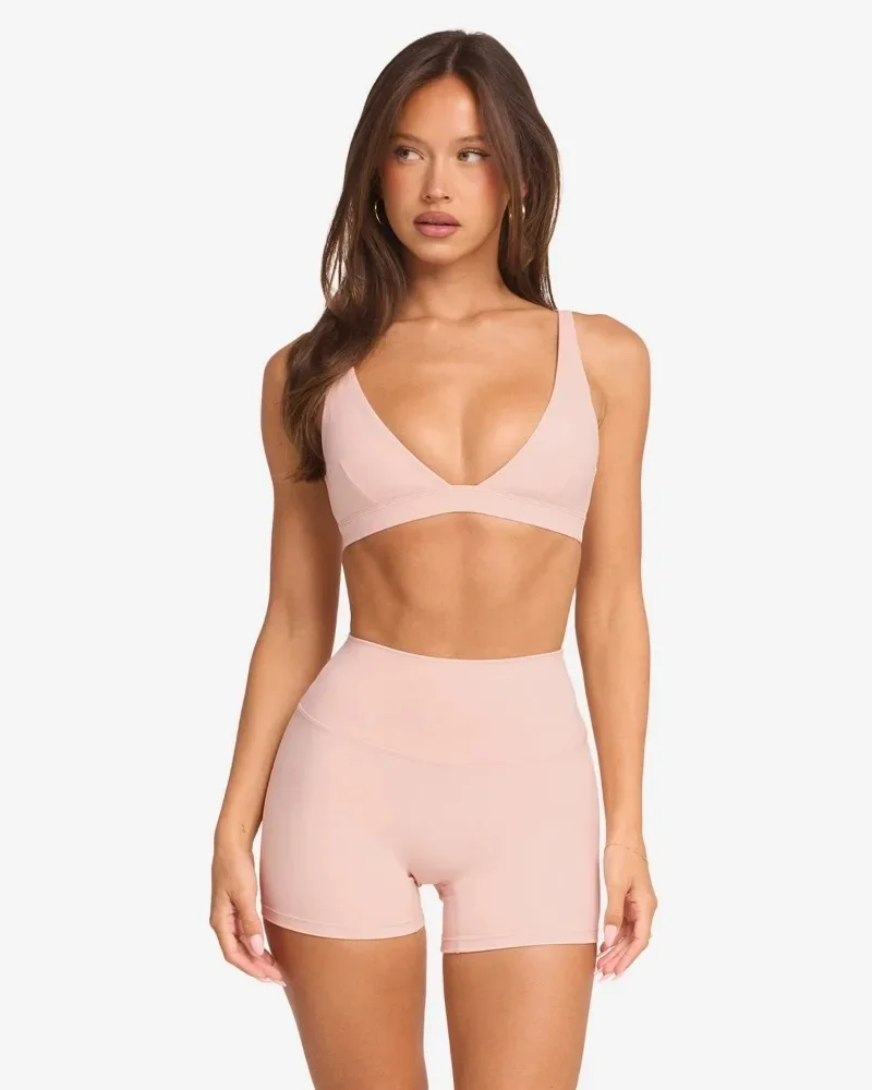 C-B Style V-Neck Sports Bra & High Waist Yoga Shorts/Leggings Set Women's Fitness Gym Pilates Activewear Workout Sportswear