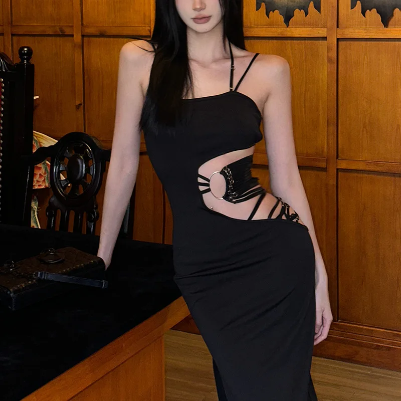 AltGoth Sexy Hollow Out Dress Women Mall Gothic Aesthetic Sleeveless Bodycon Dress Streetwear Elegant Evening Party Dress Female