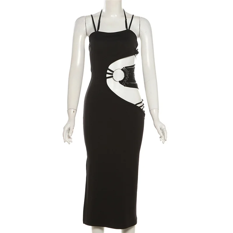 AltGoth Sexy Hollow Out Dress Women Mall Gothic Aesthetic Sleeveless Bodycon Dress Streetwear Elegant Evening Party Dress Female