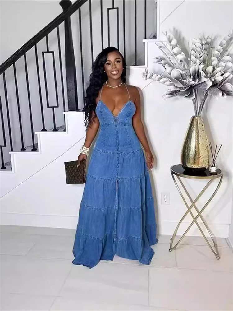 Wmstar Denim Dresses for Women 2025 Elegant New Sweet Sexy Deep V Neck Halter Bandage Belt Long Dress Wholesale Dropshipping