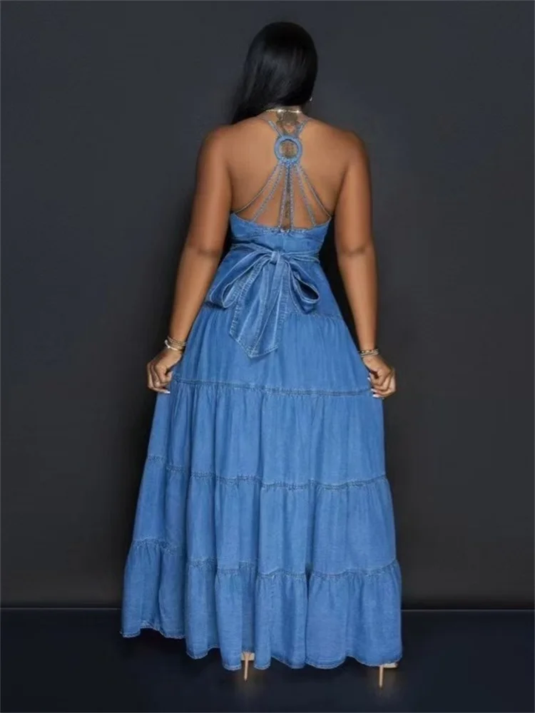 Wmstar Denim Dresses for Women 2025 Elegant New Sweet Sexy Deep V Neck Halter Bandage Belt Long Dress Wholesale Dropshipping