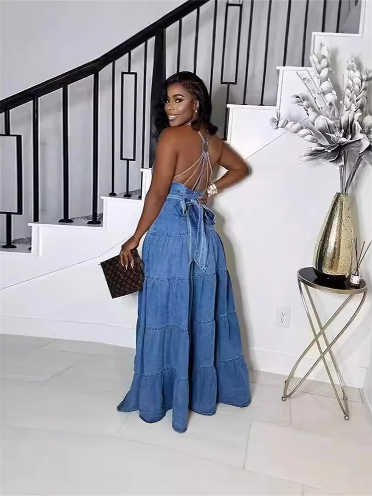 Wmstar Denim Dresses for Women 2025 Elegant New Sweet Sexy Deep V Neck Halter Bandage Belt Long Dress Wholesale Dropshipping