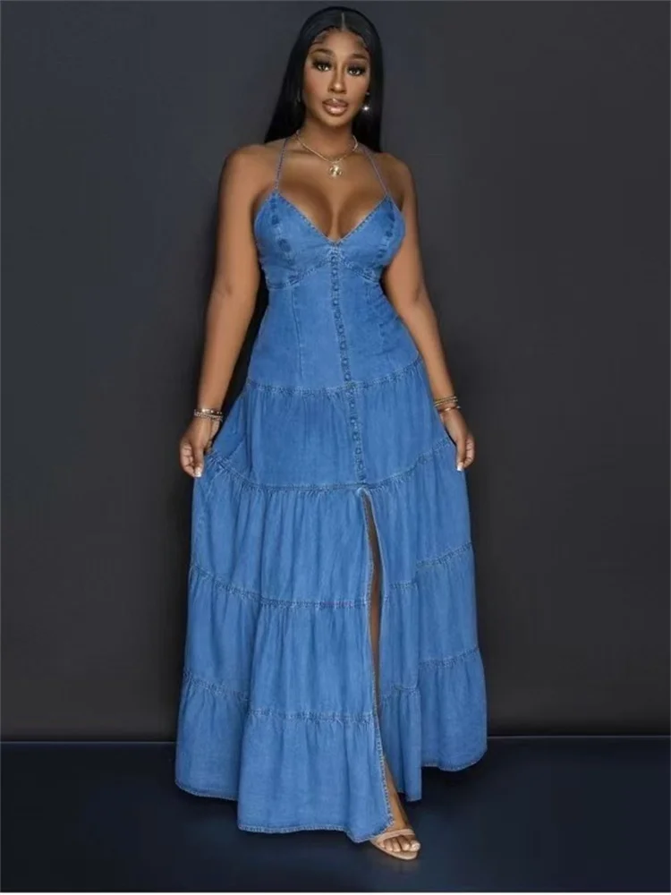 Wmstar Denim Dresses for Women 2025 Elegant New Sweet Sexy Deep V Neck Halter Bandage Belt Long Dress Wholesale Dropshipping
