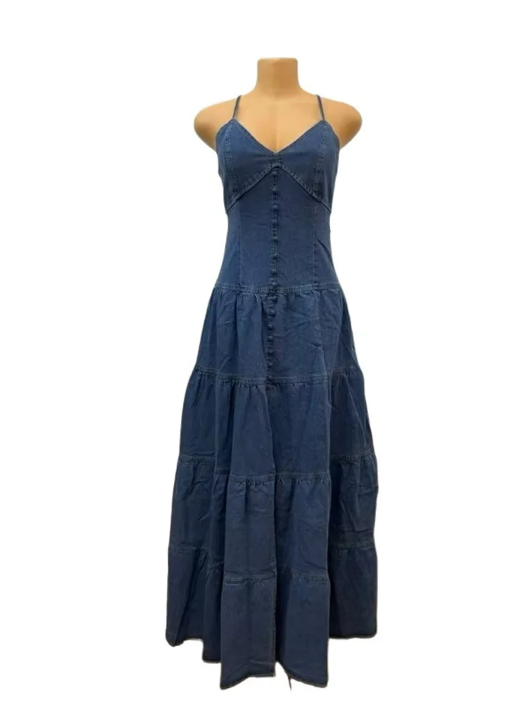 Wmstar Denim Dresses for Women 2025 Elegant New Sweet Sexy Deep V Neck Halter Bandage Belt Long Dress Wholesale Dropshipping
