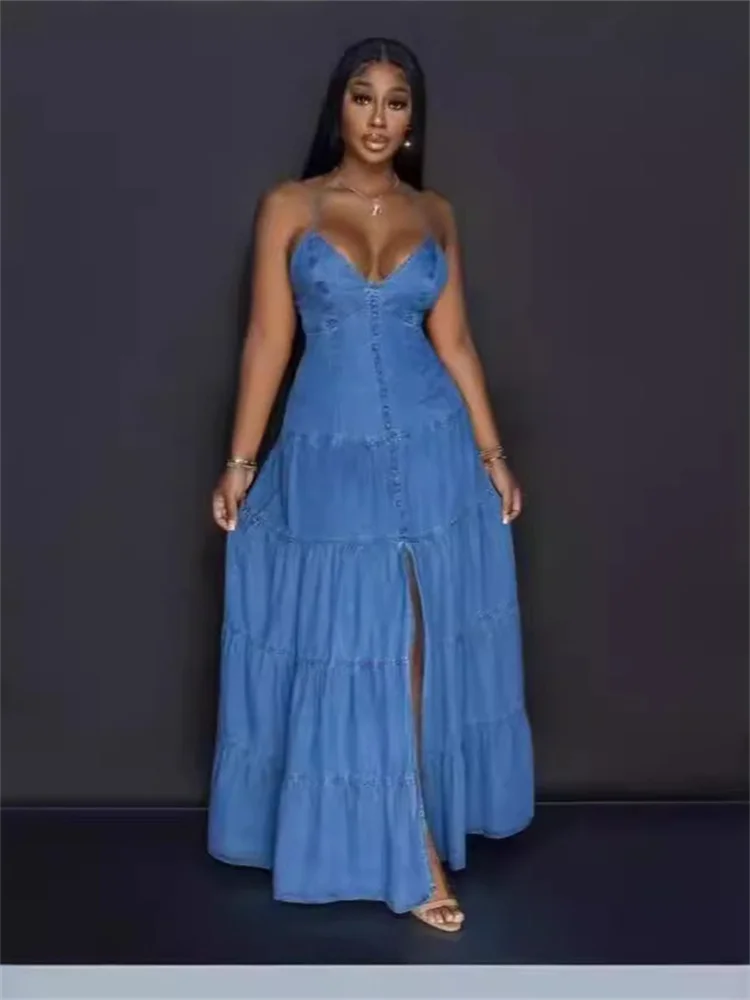 Wmstar Denim Dresses for Women 2025 Elegant New Sweet Sexy Deep V Neck Halter Bandage Belt Long Dress Wholesale Dropshipping