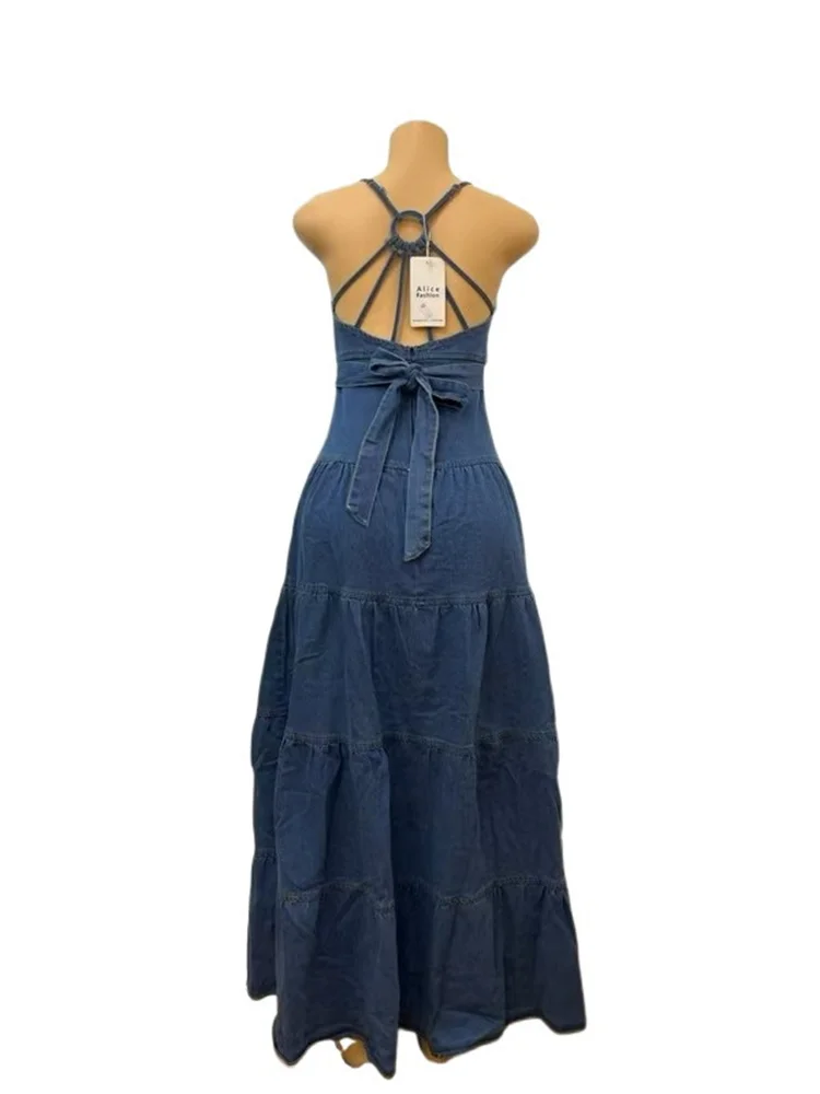 Wmstar Denim Dresses for Women 2025 Elegant New Sweet Sexy Deep V Neck Halter Bandage Belt Long Dress Wholesale Dropshipping