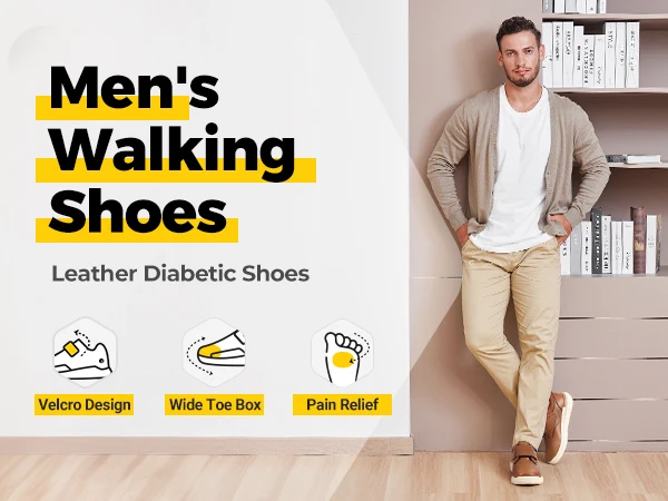 FitVille Extra Wide Men's Shoes Leather Diabetic Shoes Walking for Elder Orthopedic Toes Swollen Feet Non-Slip Arch Support