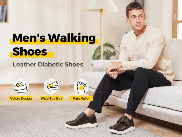 FitVille Extra Wide Men's Shoes Leather Diabetic Shoes Walking for Elder Orthopedic Toes Swollen Feet Non-Slip Arch Support