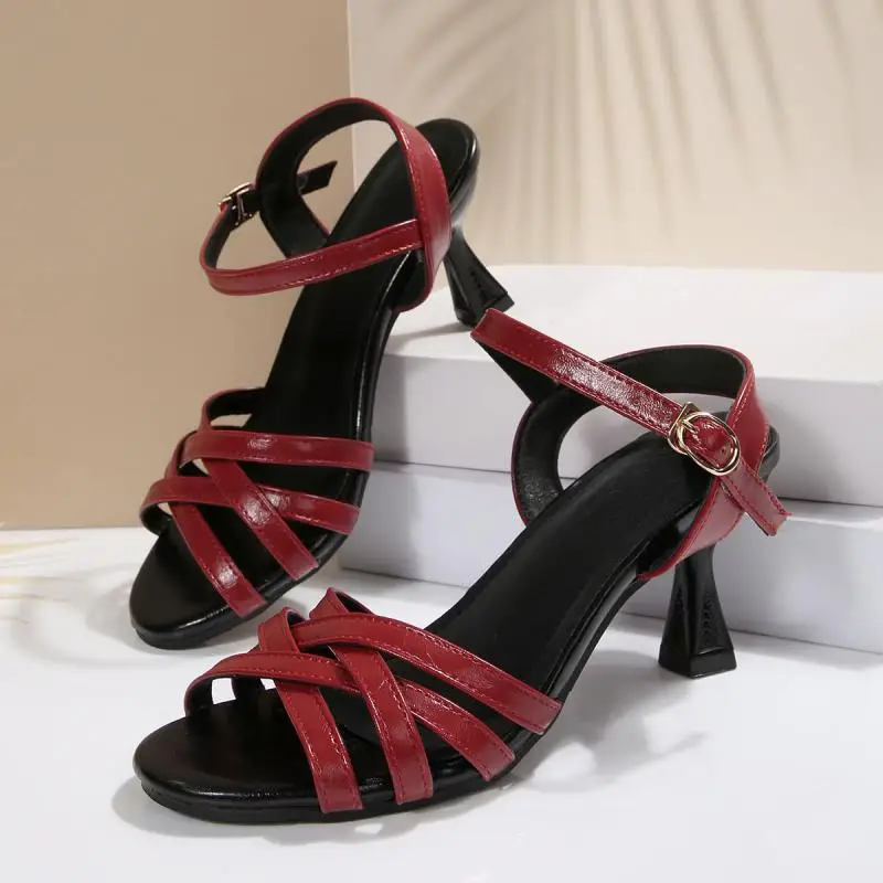 Sexy Cross Strap High Heel Red Sandals Women Summer 2026 Kitten Heel Latin Sandals Plus Size 45 Vintage Burgundy Shoes for Woman
