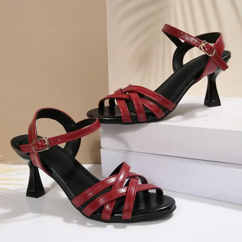Sexy Cross Strap High Heel Red Sandals Women Summer 2026 Kitten Heel Latin Sandals Plus Size 45 Vintage Burgundy Shoes for Woman