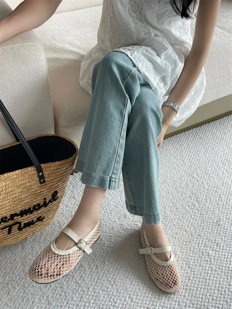 Summer Cosy Mesh Heels Women Flat Shoes Designer Fashion Round Toe Buckle Strap Casual Outdoor Dress Sandals
