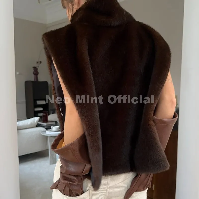 Neo Mint 2025 Brand Fashion Faux Fur Sable Vest Crop Top Autumn Winter Turtleneck Eco Mink Fur Tank Tops Sleeveless Jacket Coat