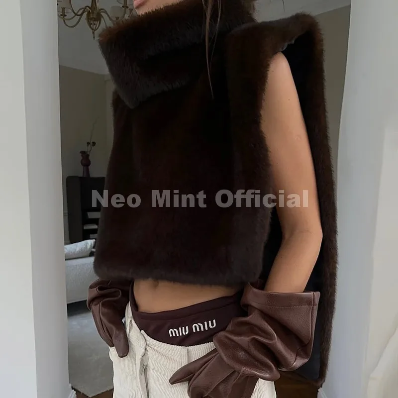 Neo Mint 2025 Brand Fashion Faux Fur Sable Vest Crop Top Autumn Winter Turtleneck Eco Mink Fur Tank Tops Sleeveless Jacket Coat