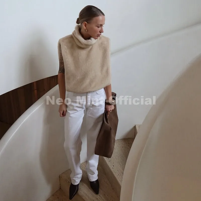 Neo Mint 2025 Brand Fashion Faux Fur Sable Vest Crop Top Autumn Winter Turtleneck Eco Mink Fur Tank Tops Sleeveless Jacket Coat