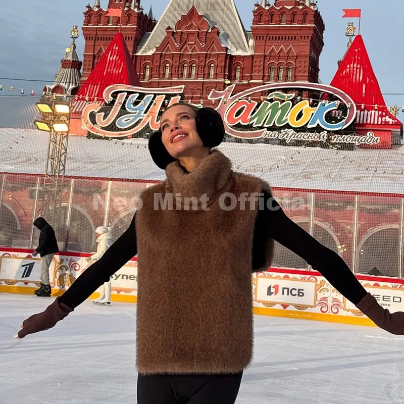 Neo Mint 2025 Brand Fashion Faux Fur Sable Vest Crop Top Autumn Winter Turtleneck Eco Mink Fur Tank Tops Sleeveless Jacket Coat