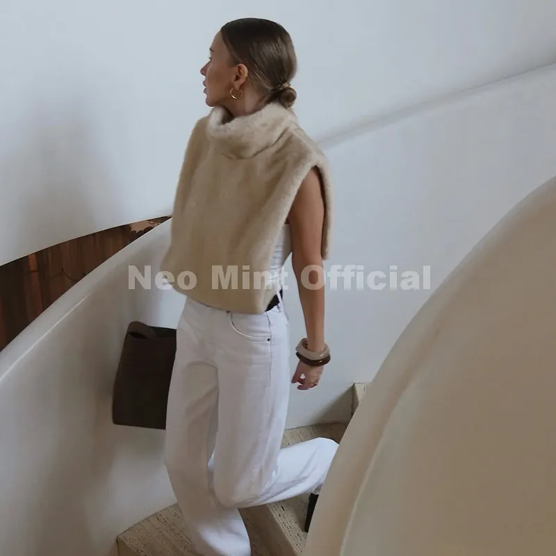 Neo Mint 2025 Brand Fashion Faux Fur Sable Vest Crop Top Autumn Winter Turtleneck Eco Mink Fur Tank Tops Sleeveless Jacket Coat