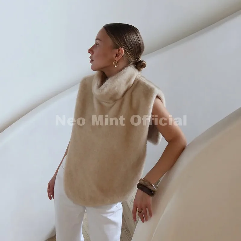 Neo Mint 2025 Brand Fashion Faux Fur Sable Vest Crop Top Autumn Winter Turtleneck Eco Mink Fur Tank Tops Sleeveless Jacket Coat