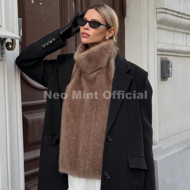 Neo Mint 2025 Brand Fashion Faux Fur Sable Vest Crop Top Autumn Winter Turtleneck Eco Mink Fur Tank Tops Sleeveless Jacket Coat