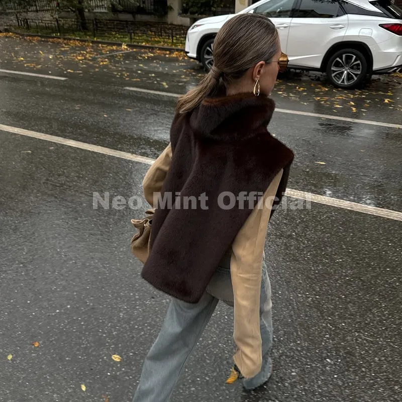 Neo Mint 2025 Brand Fashion Faux Fur Sable Vest Crop Top Autumn Winter Turtleneck Eco Mink Fur Tank Tops Sleeveless Jacket Coat