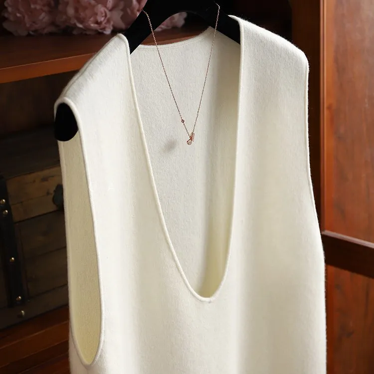 V-neck loose 100% pure cashmere vest vest ladies soft waxy knitted white temperament sleeveless top.