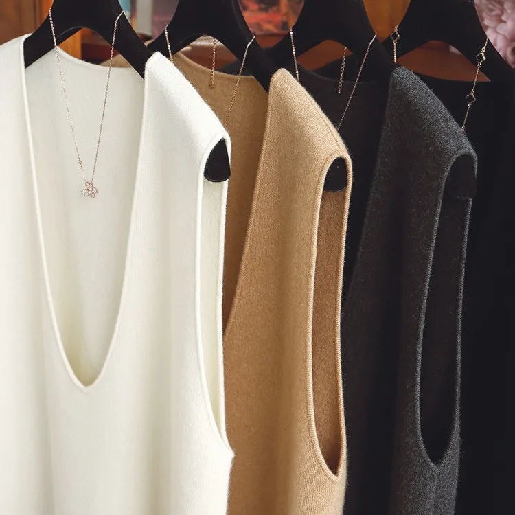 V-neck loose 100% pure cashmere vest vest ladies soft waxy knitted white temperament sleeveless top.