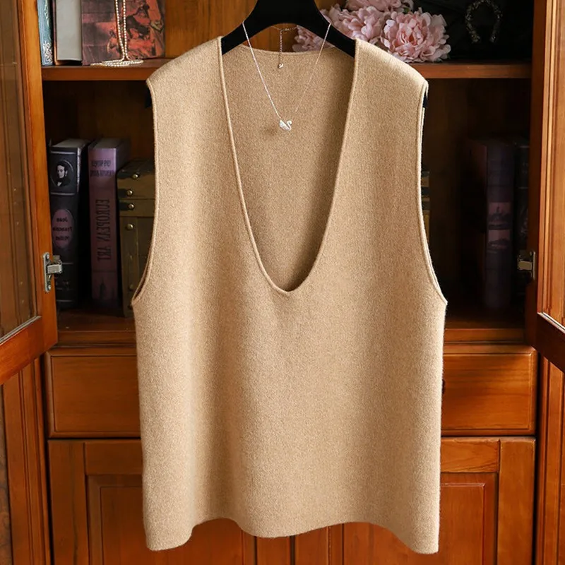 V-neck loose 100% pure cashmere vest vest ladies soft waxy knitted white temperament sleeveless top.