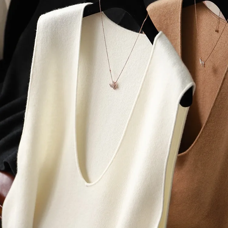 V-neck loose 100% pure cashmere vest vest ladies soft waxy knitted white temperament sleeveless top.
