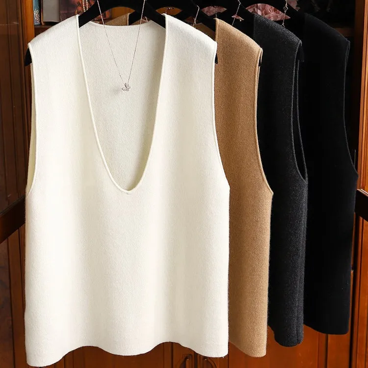 V-neck loose 100% pure cashmere vest vest ladies soft waxy knitted white temperament sleeveless top.