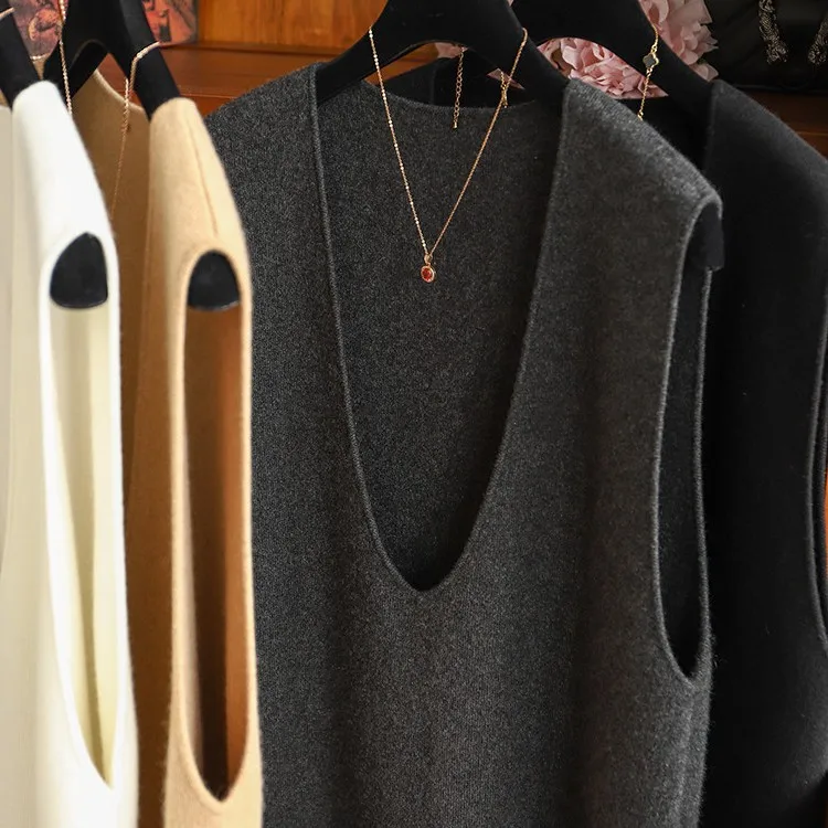 V-neck loose 100% pure cashmere vest vest ladies soft waxy knitted white temperament sleeveless top.