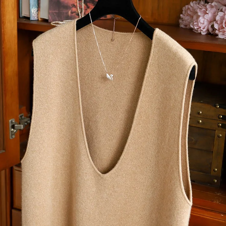 V-neck loose 100% pure cashmere vest vest ladies soft waxy knitted white temperament sleeveless top.