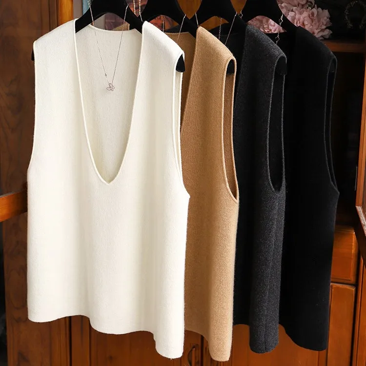 V-neck loose 100% pure cashmere vest vest ladies soft waxy knitted white temperament sleeveless top.