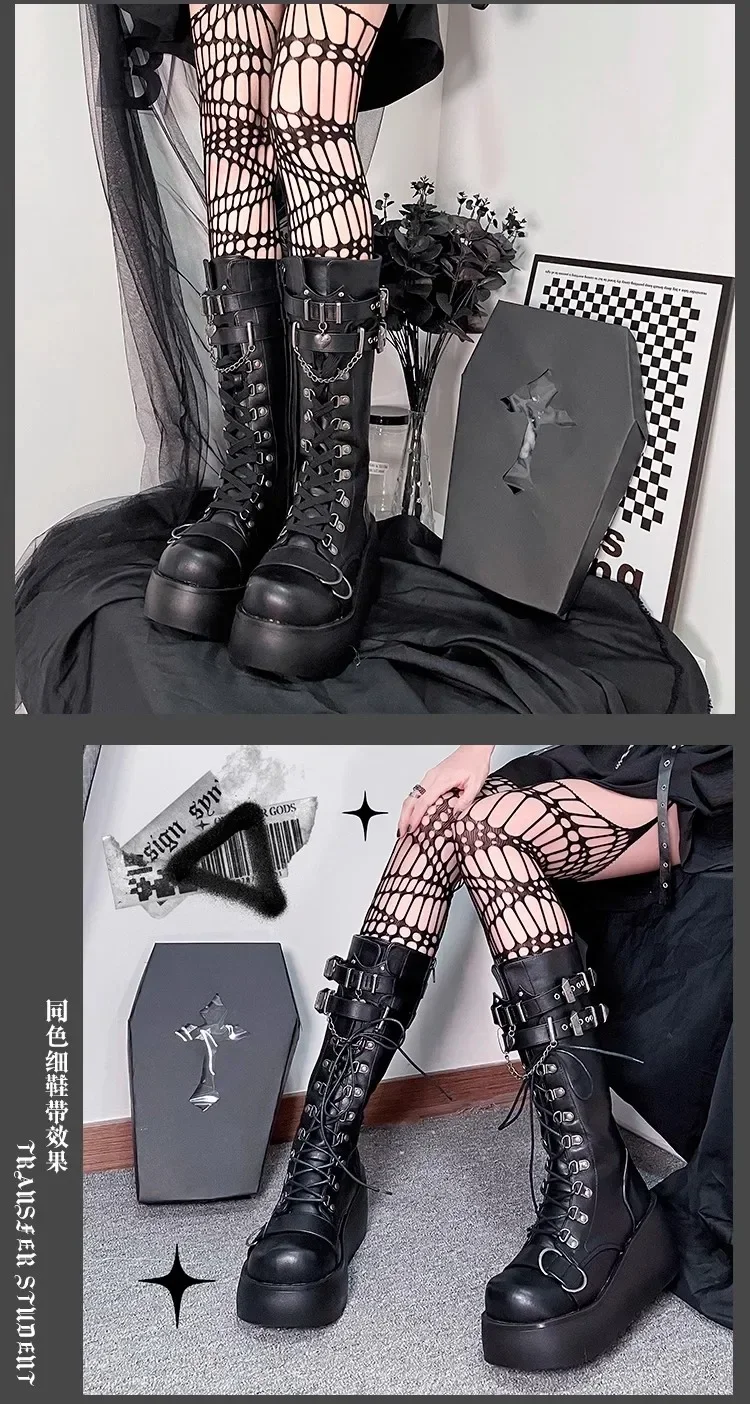 Motorcycle Boots Platform Boots for Women Wedges Knee High Black Lace Up Fashion Goth Gothic Boots Punk Shoes Girls Winter