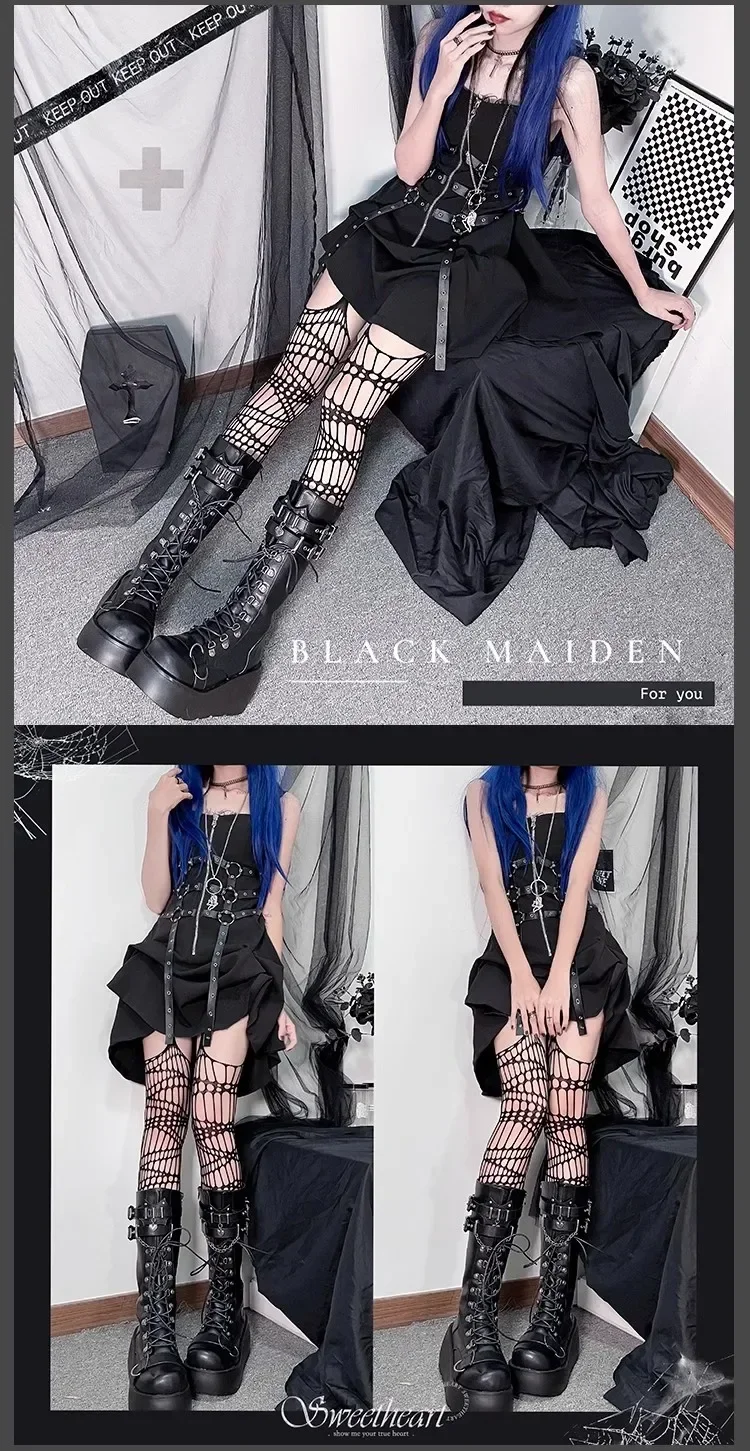 Motorcycle Boots Platform Boots for Women Wedges Knee High Black Lace Up Fashion Goth Gothic Boots Punk Shoes Girls Winter