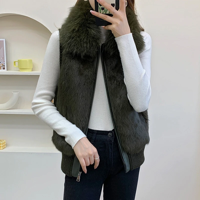 Women's Genuine Real Rabbit Fur Vest Coat Knitting Winter Fox Fur Collar Fur Jacket Casual Short Outwear Slim with Zipper